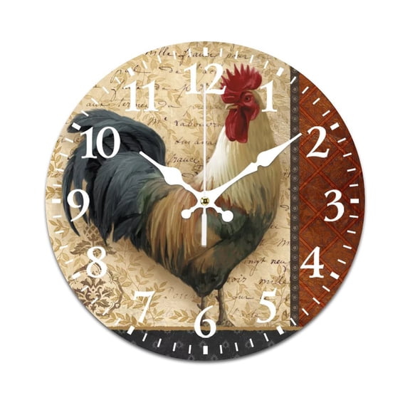 Wall Clock Mute without Ticking-Retro Cock Oil Painting Pattern Funny Living Room and Kitchen Wall Clock, Battery Powered, Suitable for Home/Office/Bedroom B