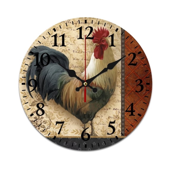 Wall Clock Mute without Ticking-Retro Cock Oil Painting Pattern Funny Living Room and Kitchen Wall Clock, Battery Powered, Suitable for Home/Office/Bedroom B