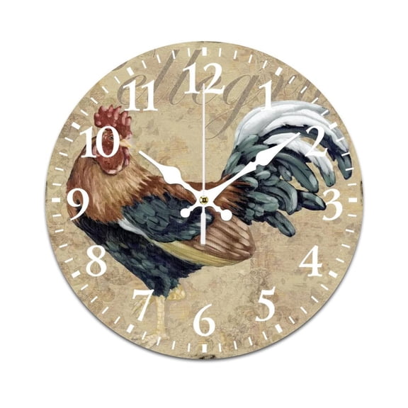 Wall Clock Mute without Ticking-Retro Ink Painting Cock Pattern Funny Living Room and Kitchen Wall Clock, Battery Powered, Suitable for Home/Office/Bedroom