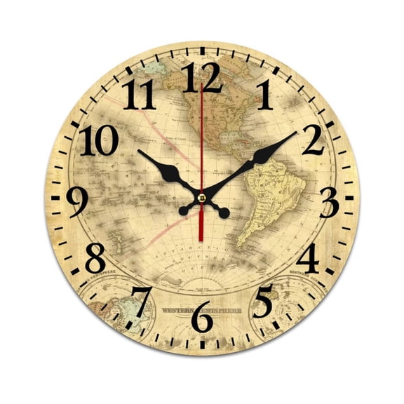 Wall Clock Mute without Ticking-Retro World Map Oil Painting Pattern Funny Living Room and Kitchen Wall Clock, Battery Powered, Suitable for Home/Office/Bedroom