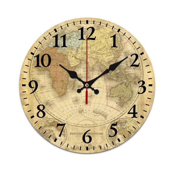 Wall Clock Mute without Ticking-Retro World Map Oil Painting Pattern Funny Living Room and Kitchen Wall Clock, Battery Powered, Suitable for Home/Office/Bedroom a