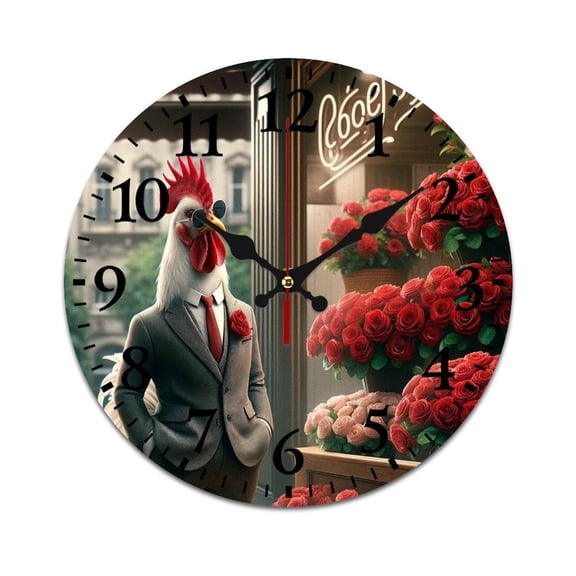 Wall Clock Mute without Ticking-Rose Flower with Gentleman Abstract Cock Pattern Funny Living Room and Kitchen Wall Clock, Battery Powered, Suitable for Home/Office/Bedroom/Classroom