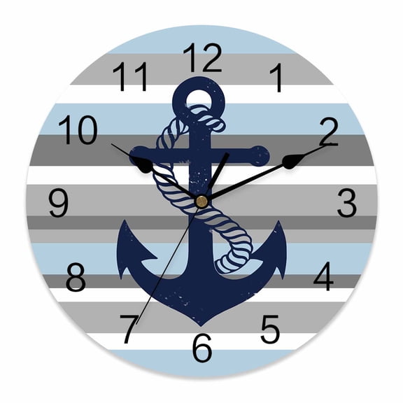 Wall Clock Nautical Anchor Clocks PVC Silent Non-Ticking Battery Operated Decorative Blue Grey Stripes Round Clock for Home Living Room Kitchen Bedroom Office School Wall Decor 12 Inch