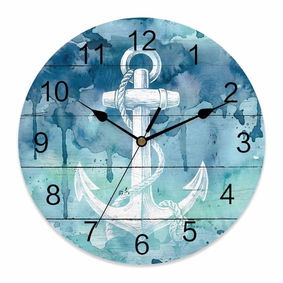Wall Clock Nautical Anchor Clocks PVC Silent Non-Ticking Battery Operated Decorative Blue Watercolor Graffiti Round Clock for Home Living Room Kitchen Bedroom Office School Wall Decor 10 Inch