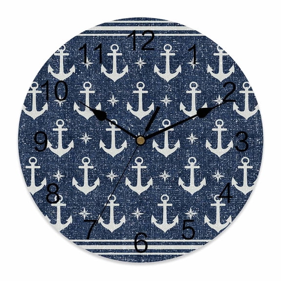 Wall Clock Nautical Anchor Clocks PVC Silent Non-Ticking Battery Operated Decorative Coastal Blue Linen Lines Round Clock for Home Living Room Kitchen Bedroom Office School Wall Decor 10 Inch