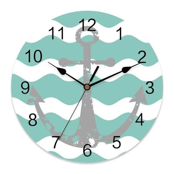 Wall Clock Nautical Anchor Clocks PVC Silent Non-Ticking Battery Operated Decorative Green and White Wave Stripes Round Clock for Home Living Room Kitchen Bedroom Office School Wall Decor 14 Inch