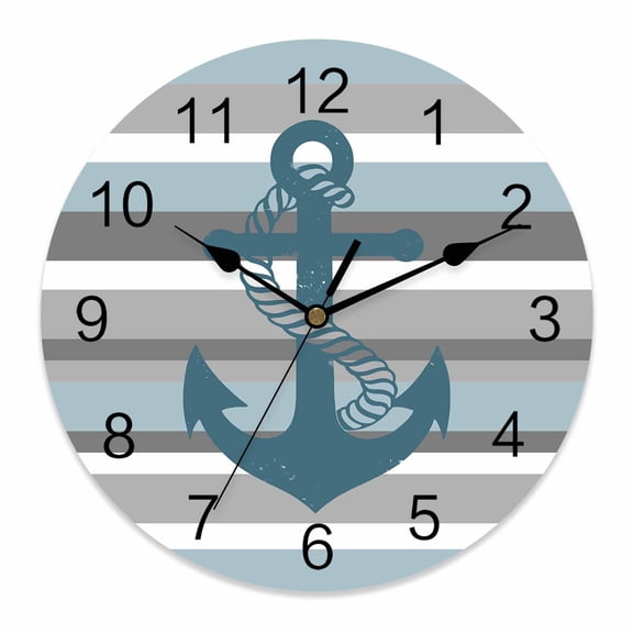 Wall Clock Nautical Anchor Clocks PVC Silent Non-Ticking Battery Operated Decorative Haze Blue Grey Stripes Round Clock for Home Living Room Kitchen Bedroom Office School Wall Decor 10 Inch
