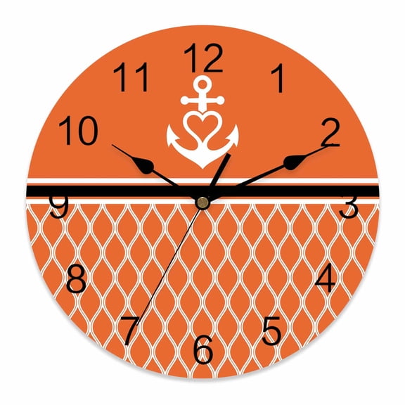 Wall Clock Nautical Anchor Clocks PVC Silent Non-Ticking Battery Operated Decorative Moroccan Geometric Orange Round Clock for Home Living Room Kitchen Bedroom Office School Wall Decor 10 Inch