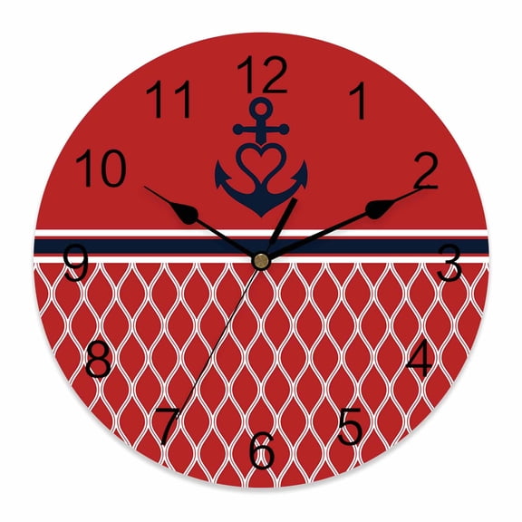 Wall Clock Nautical Anchor Clocks PVC Silent Non-Ticking Battery Operated Decorative Moroccan Geometric Red Round Clock for Home Living Room Kitchen Bedroom Office School Wall Decor 10 Inch