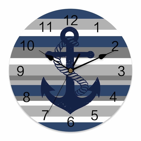 Wall Clock Nautical Anchor Clocks PVC Silent Non-Ticking Battery Operated Decorative Navy Blue Grey Stripes Round Clock for Home Living Room Kitchen Bedroom Office School Wall Decor 10 Inch