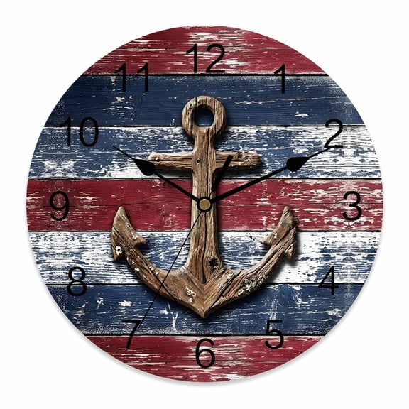 Wall Clock Nautical Anchor Clocks PVC Silent Non-Ticking Battery Operated Decorative Red Blue Rustic Wood Grain Round Clock for Home Living Room Kitchen Bedroom Office School Wall Decor 10 Inch