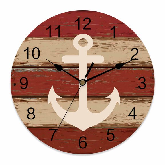 Wall Clock Nautical Anchor Clocks PVC Silent Non-Ticking Battery Operated Decorative Red Vintage Rustic Wood Grain Round Clock for Home Living Room Kitchen Bedroom Office School Wall Decor 10 Inch