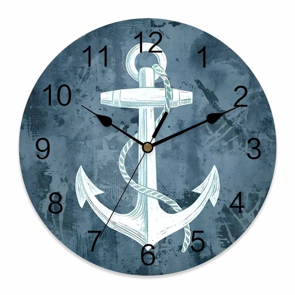 Wall Clock Nautical Anchor Clocks PVC Silent Non-Ticking Battery Operated Decorative Rustic Blue Coastal Round Clock for Home Living Room Kitchen Bedroom Office School Wall Decor 12 Inch