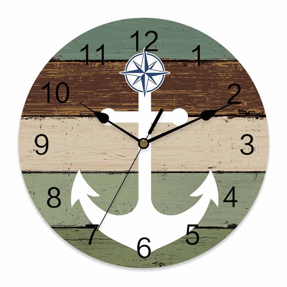 Wall Clock Nautical Anchor Clocks PVC Silent Non-Ticking Battery Operated Decorative Vintage Green Wood Grain Round Clock for Home Living Room Kitchen Bedroom Office School Wall Decor 10 Inch
