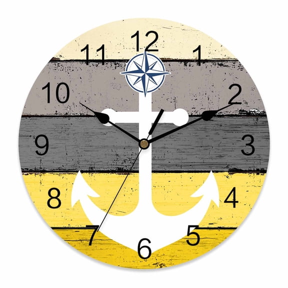 Wall Clock Nautical Anchor Clocks PVC Silent Non-Ticking Battery Operated Decorative Vintage Yellow Wood Grain Round Clock for Home Living Room Kitchen Bedroom Office School Wall Decor 10 Inch