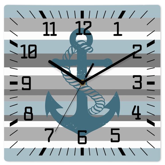 Wall Clock Nautical Anchor Operated Square Clocks Wooden Silent Non-Ticking Wallclock 12 Inch Haze Blue Grey Stripes Wood Wall Clock for Living Room Bedroom Office Shool Home Decor