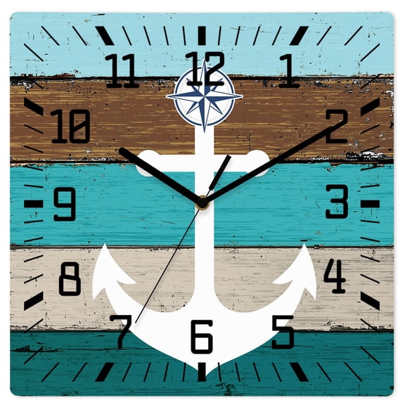 Wall Clock Nautical Anchor Operated Square Clocks Wooden Silent Non-Ticking Wallclock 12 Inch Vintage Turquoise Wood Grain Wood Wall Clock for Living Room Bedroom Office Shool Home Decor