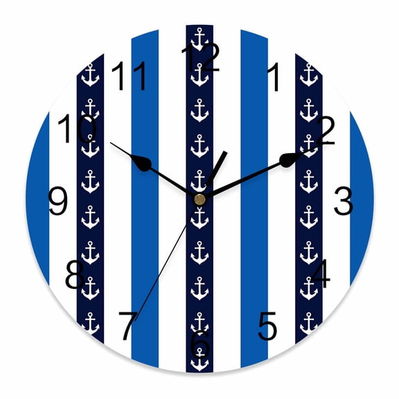 Wall Clock Nautical Anchor Stripes Clocks PVC Silent Non-Ticking Battery Operated Decorative Blue White Striped Round Clock for Home Living Room Kitchen Bedroom Office School Wall Decor 10 Inch