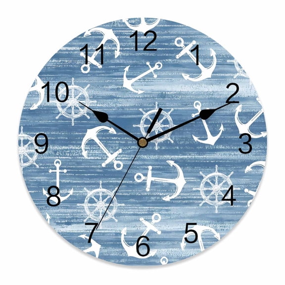 Wall Clock Nautical Anchors Rudder Clocks PVC Silent Non-Ticking Battery Operated Decorative Coastal Ocean Blue Round Clock for Home Living Room Kitchen Bedroom Office School Wall Decor 10 Inch