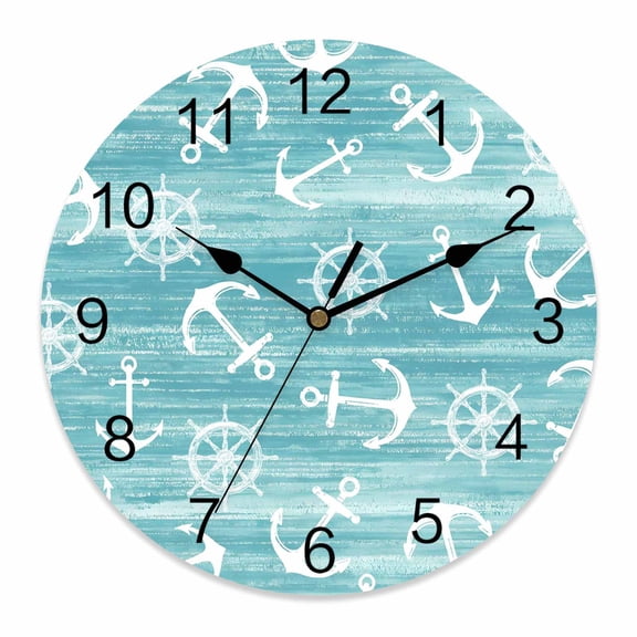 Wall Clock Nautical Anchors Rudder Clocks PVC Silent Non-Ticking Battery Operated Decorative Coastal Ocean Turquoise Round Clock for Home Living Room Kitchen Bedroom Office School Wall Decor 10 Inch