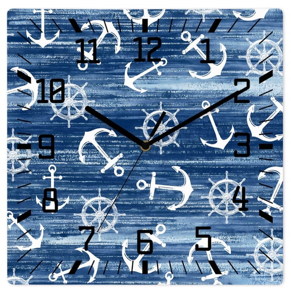 Wall Clock Nautical Anchors Rudder Operated Square Clocks Wooden Silent Non-Ticking Wallclock 12 Inch Coastal Ocean Navy Blue Wood Wall Clock for Living Room Bedroom Office Shool Home Decor