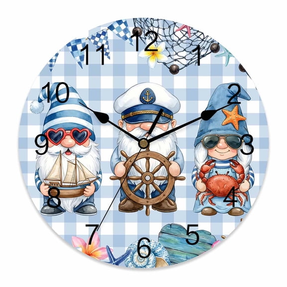 Wall Clock Nautical Gnomes Clocks PVC Silent Non-Ticking Battery Operated Ocean Crab Ship Rudder Blue Plaid Round Clock for Home Living Room Kitchen Bedroom Office School Wall Decor 10 Inch