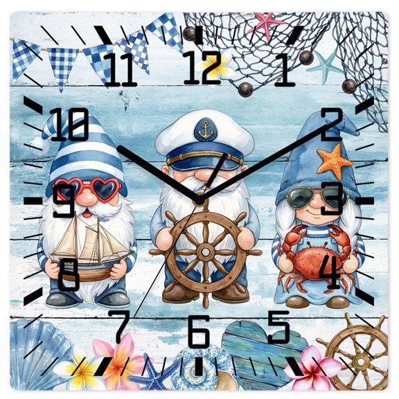 Wall Clock Nautical Gnomes Operated Square Clocks Wooden Silent Non-Ticking Wallclock 12 Inch Ocean Crab Ship Rudder Wood Wall Clock for Living Room Bedroom Office Shool Home Decor