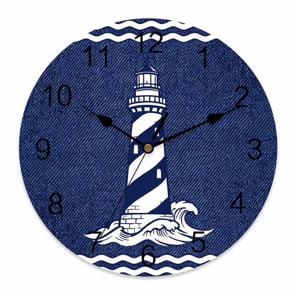 Wall Clock Nautical S Lighthouse Clocks PVC Silent Non-Ticking Battery Operated Coastal Denim Blue Stripes Round Clock for Home Living Room Kitchen Bedroom Office School Wall Decor 10 Inch