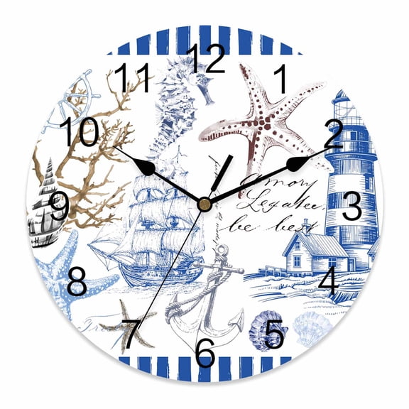 Wall Clock Nautical Sailboat Clocks PVC Silent Non-Ticking Battery Operated Decorative Lighthouse Anchor Starfish Blue Stripe Round Clock for Home Living Room Kitchen Bedroom Wall Decor 10 Inch