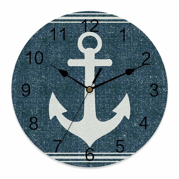 Wall Clock Nautical Ship Anchor Clocks PVC Silent Non-Ticking Battery Operated Coastal Turquoise Linen Lines Round Clock for Home Living Room Kitchen Bedroom Office School Wall Decor 10 Inch