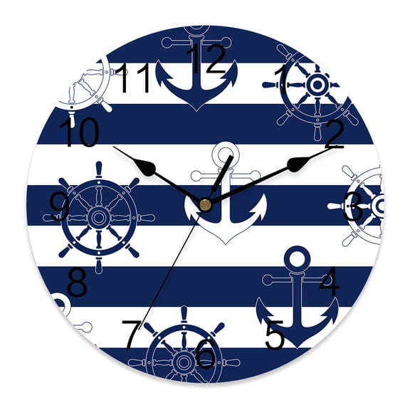 Wall Clock Nautical Ship Anchors Clocks PVC Silent Non-Ticking Battery Operated Decorative Coastal Navy Blue Stripes Round Clock for Home Living Room Kitchen Bedroom Office School Wall Decor 14 Inch