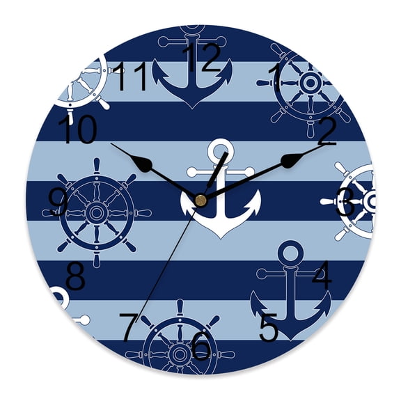 Wall Clock Nautical Ship Anchors Clocks PVC Silent Non-Ticking Battery Operated Navy Blue Horizontal Stripes Round Clock for Home Living Room Kitchen Bedroom Office School Wall Decor 10 Inch