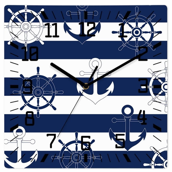 Wall Clock Nautical Ship Anchors Operated Square Clocks Wooden Silent Non-Ticking Wallclock 12 Inch Coastal Navy Blue Stripes Wood Wall Clock for Living Room Bedroom Office Shool Home Decor