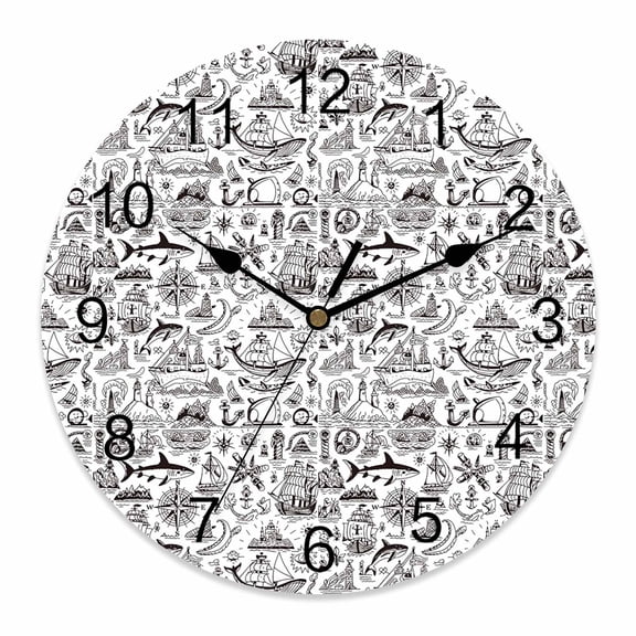 Wall Clock Navigation Anchor Sailboat Clocks PVC Silent Non-Ticking Battery Operated Decorative Ocean Compass Map Round Clock for Home Living Room Kitchen Bedroom Office School Wall Decor 10 Inch