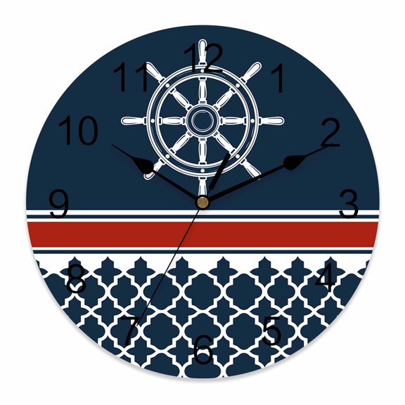 Wall Clock Navigation Clocks PVC Silent Non-Ticking Battery Operated Decorative Red Navy Blue Geometric Stripes Round Clock for Home Living Room Kitchen Bedroom Office School Wall Decor 10 Inch