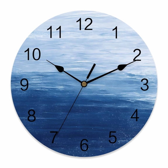 Wall Clock Navy Blue Beach Ocean Clocks PVC Silent Non-Ticking Battery Operated Decorative Ombre Abstract Oil Painting Round Clock for Home Living Room Kitchen Bedroom Office Wall Decor 10 Inch