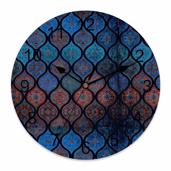 Wall Clock Navy Blue Boho Geometric Clocks PVC Silent Non-Ticking Battery Operated Bohemian Morocco Pattern Round Clock for Home Living Room Kitchen Bedroom Office School Wall Decor 10 Inch