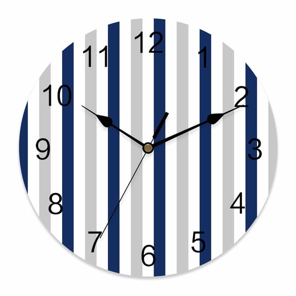 Wall Clock Navy Blue Grey Stripes Clocks PVC Silent Non-Ticking Battery Operated Decorative Lines Striped Round Clock for Home Living Room Kitchen Bedroom Office School Wall Decor 10 Inch