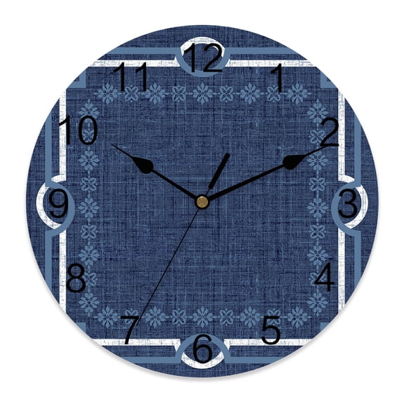Wall Clock Navy Blue Linen Border Clocks PVC Silent Non-Ticking Battery Operated Decorative Floral Lines Frame Round Clock for Home Living Room Kitchen Bedroom Office School Wall Decor 10 Inch