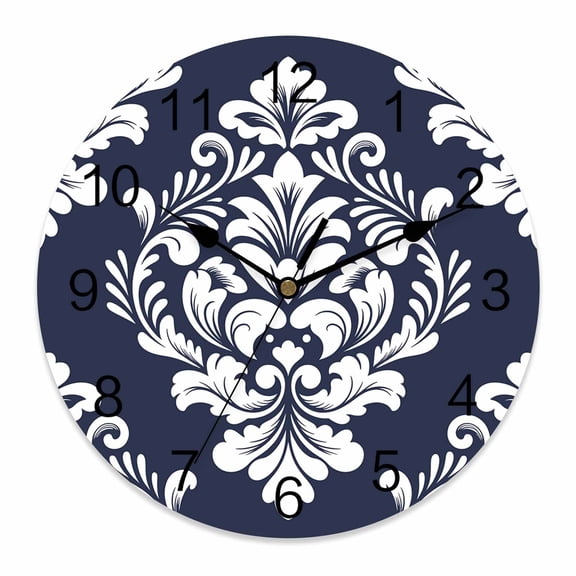 Wall Clock Navy Blue Luxurious Floral Clocks PVC Silent Non-Ticking Battery Operated Decorative Classic Abstract Art Round Clock for Home Living Room Kitchen Bedroom Office School Wall Decor 10 Inch