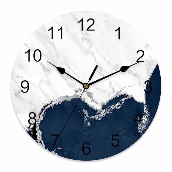 Wall Clock Navy Blue Marble Clocks PVC Silent Non-Ticking Battery Operated Decorative White Modern Abstract Art Luxury Fluid Round Clock for Home Living Room Kitchen Bedroom Wall Decor 10 Inch