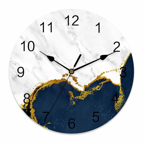 Wall Clock Navy Blue Marble Clocks PVC Silent Non-Ticking Battery Operated Decorative White Modern Abstract Art Luxury Round Clock for Home Living Room Kitchen Bedroom Office Wall Decor 14 Inch