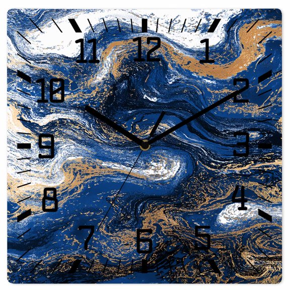Wall Clock Navy Blue Marble Operated Square Clocks Wooden Silent Non-Ticking Wallclock 10 Inch Abstract Fluid Art Wood Wall Clock for Living Room Bedroom Office Shool Home Decor
