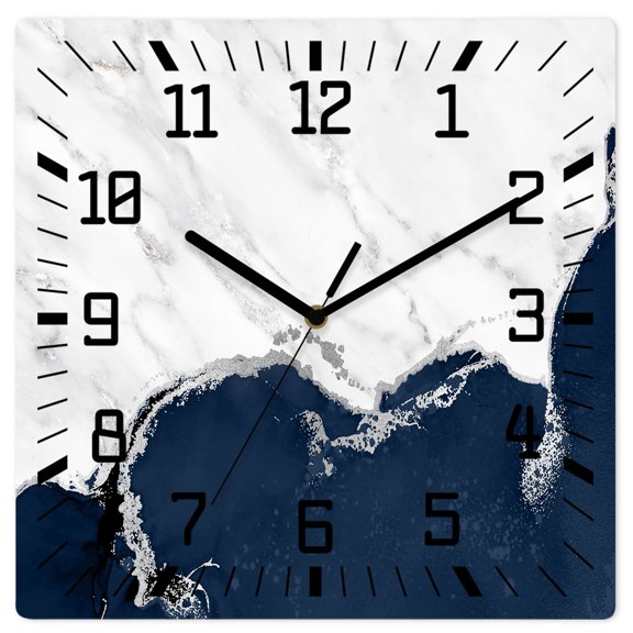 Wall Clock Navy Blue Marble Operated Square Clocks Wooden Silent Non-Ticking Wallclock 10 Inch White Modern Abstract Art Luxury Fluid Wood Wall Clock for Living Room Bedroom Office Shool Home Decor