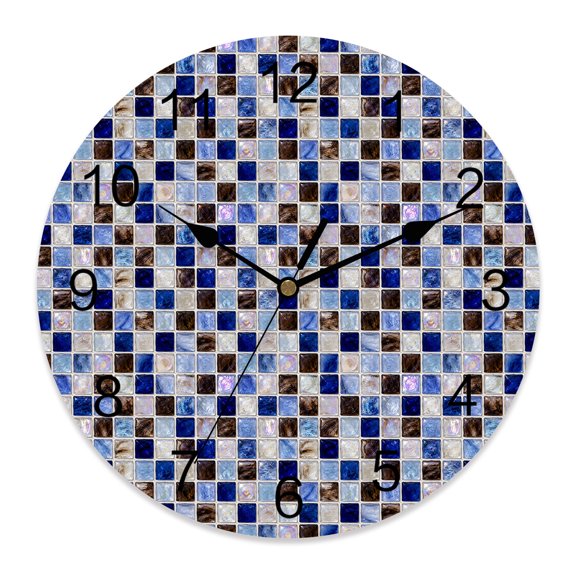 Wall Clock Navy Blue Square Mosaic Clocks PVC Silent Non-Ticking Battery Operated Decorative Coastal Glass Blocks Round Clock for Home Living Room Kitchen Bedroom Office School Wall Decor 10 Inch