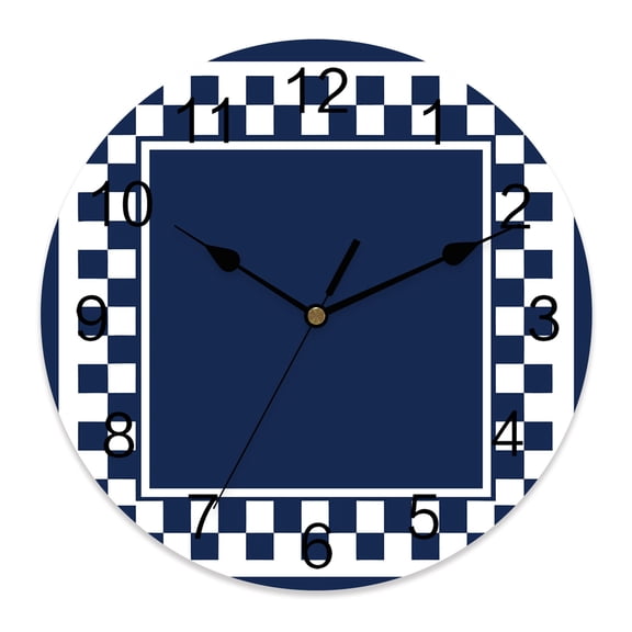 Wall Clock Navy Blue Squares Clocks PVC Silent Non-Ticking Battery Operated Decorative Modern Block Checkered Border Round Clock for Home Living Room Kitchen Bedroom Office School Wall Decor 10 Inch