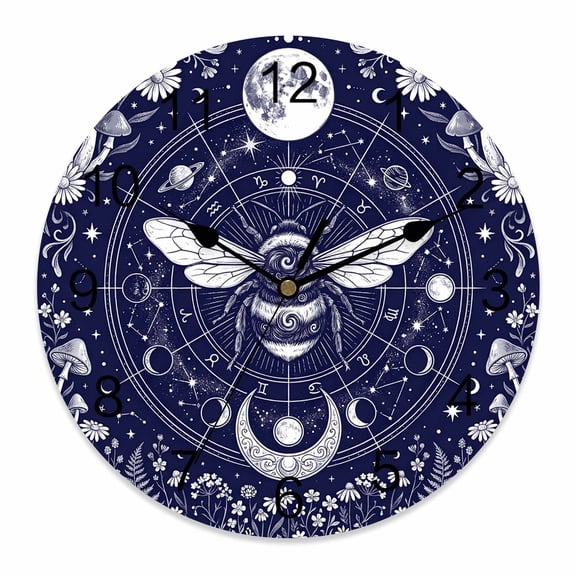 Wall Clock Navy Blue Star Moon Bee Clocks PVC Silent Non-Ticking Battery Operated Decorative Boho Mushroom Flower Round Clock for Home Living Room Kitchen Bedroom Office School Wall Decor 14 Inch