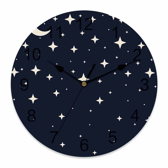 Wall Clock Navy Blue Starry Night Clocks PVC Silent Non-Ticking Battery Operated Decorative Stars Moon Round Clock for Home Living Room Kitchen Bedroom Office School Wall Decor 10 Inch