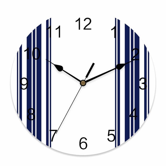 Wall Clock Navy Blue Stripes Clocks PVC Silent Non-Ticking Battery Operated Decorative White Vertical Striped Round Clock for Home Living Room Kitchen Bedroom Office School Wall Decor 12 Inch