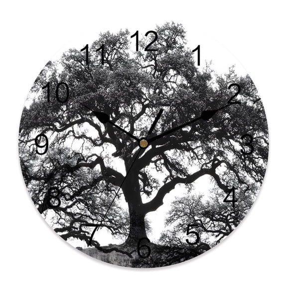 Wall Clock Oak Tree Forest Clocks PVC Silent Non-Ticking Battery Operated Decorative Black Deep Roots Branches Round Clock for Home Living Room Kitchen Bedroom Office School Wall Decor 10 Inch